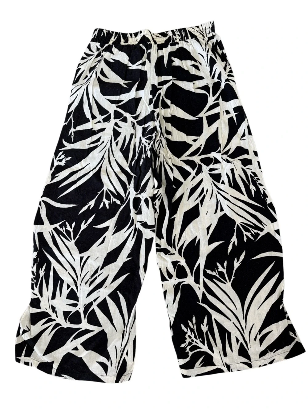 Rachel Zoe black & white tropical leaf pattern linen blend wide-leg pants Size S